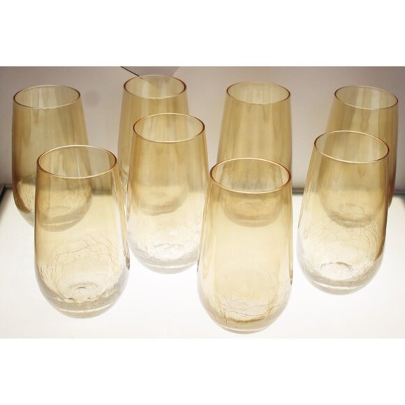 8 Pier One Crackle Lusterware Stemless Wine Hiball Glasses Drinking Amber Tall - Picture 1 of 6